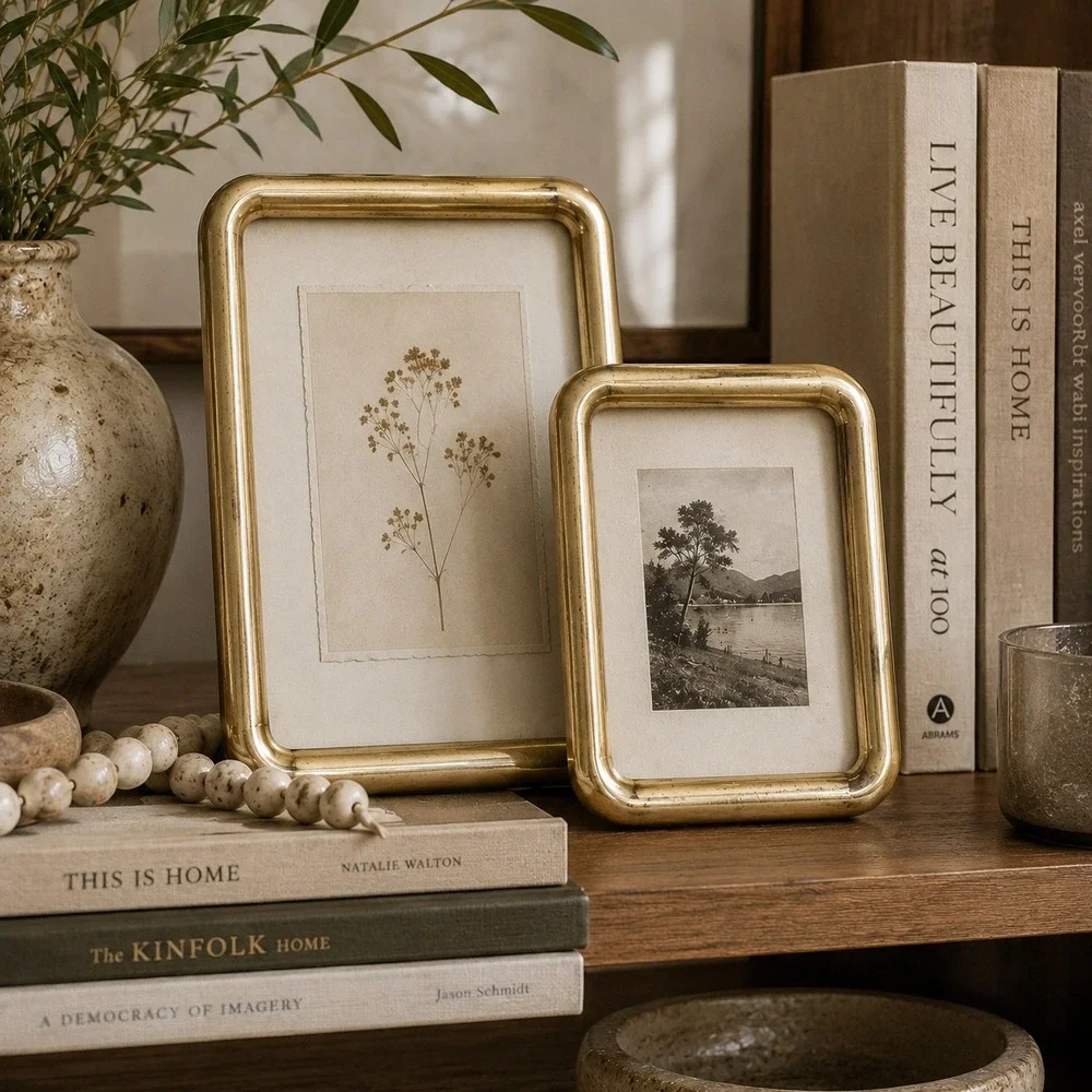 Vintage Rounded Brass Picture Frames Set Gold Minimalist Desk Decor MCM